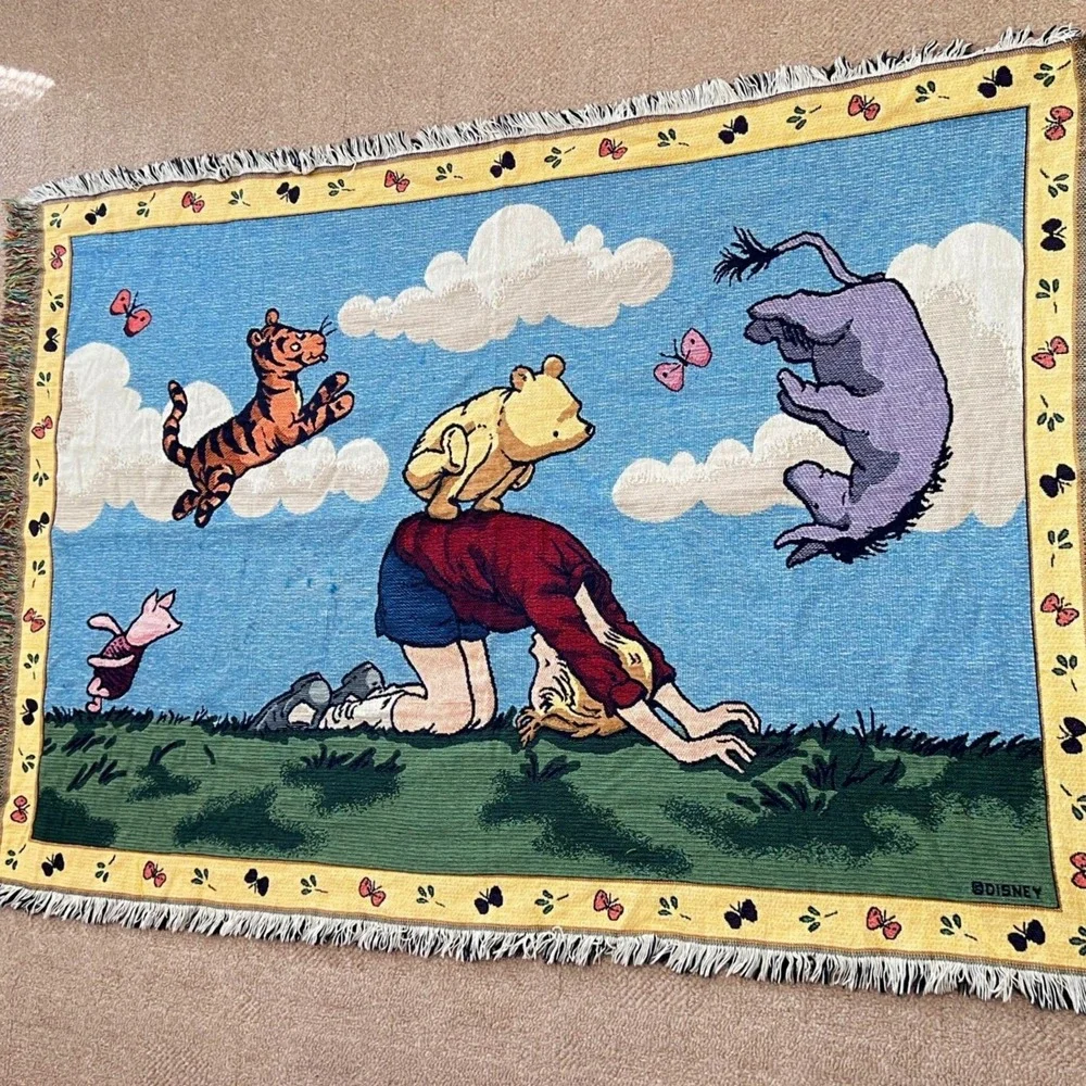 Vintage‎ Disney Classic Pooh Woven Tapestry Throw Blanket Christopher Robin USA